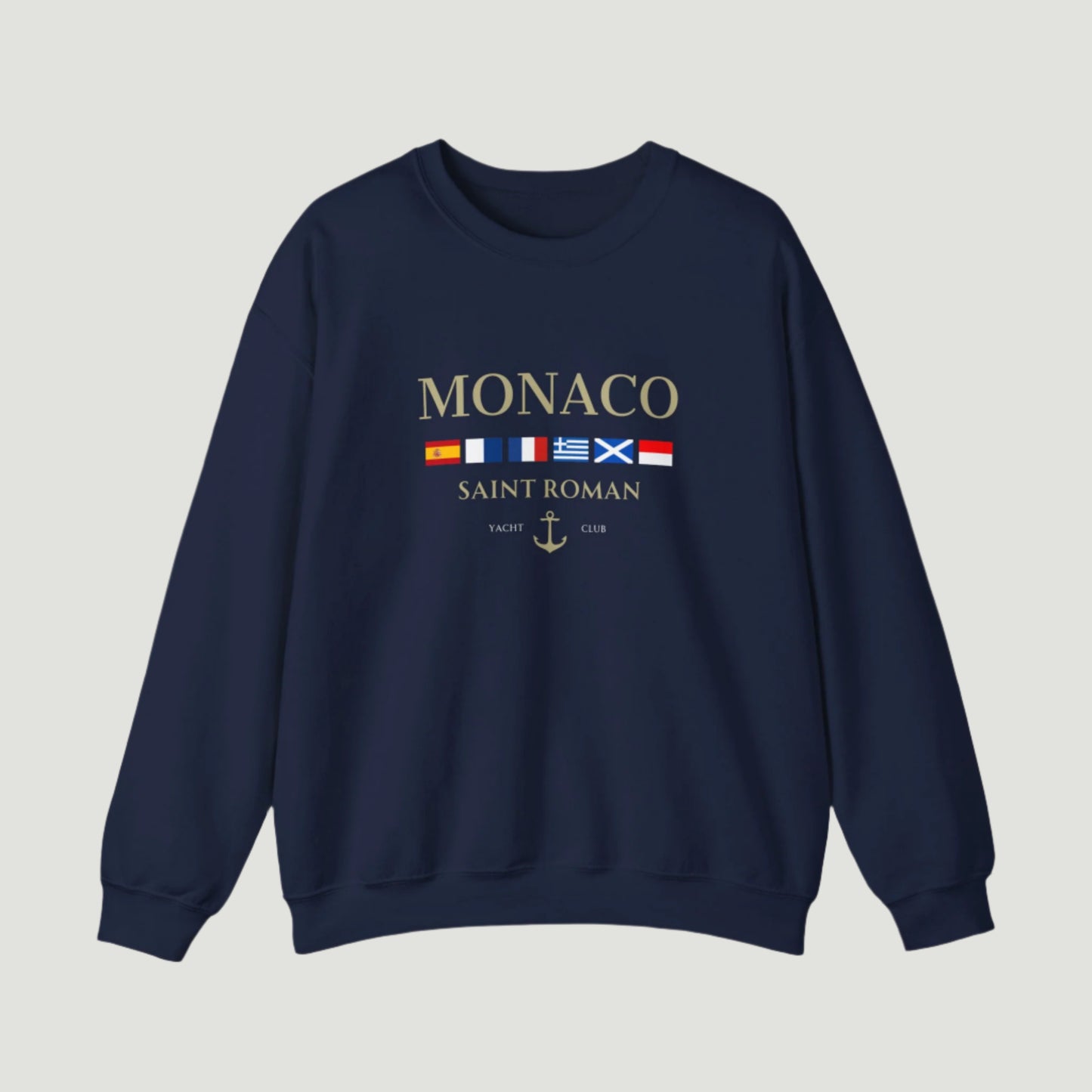 Navy Deep Blue Vandox Monaco Saint Roman Yacht Club crewneck featuring international maritime flags, gold lettering, and anchor detail—blending old money elegance with nautical style. Starboy old money hoodie sweatshirt clothes vandox sacrevandox vandox clothes vandox clothing
