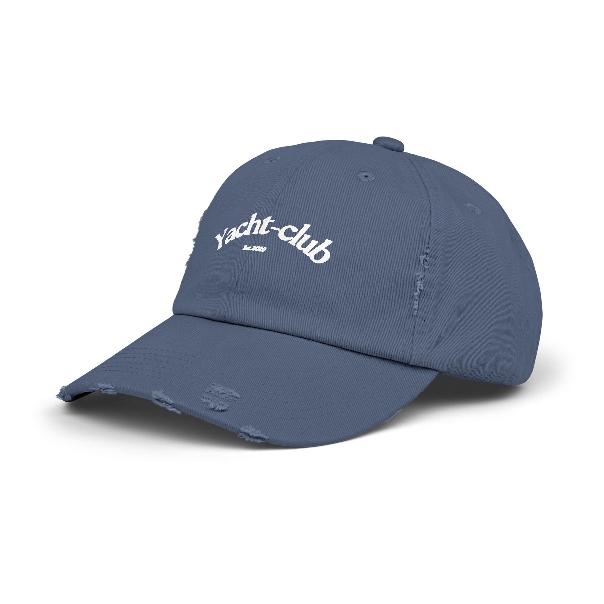 light baby blue Vandox yacht club Hat with "Yacht-Club Est. 2020" text. Hat Cap Baseball Cap Baseball Hat starboy hat old money hats vandox sacre vandox sacrevandox vandox clothing vintage distressed baseball hat