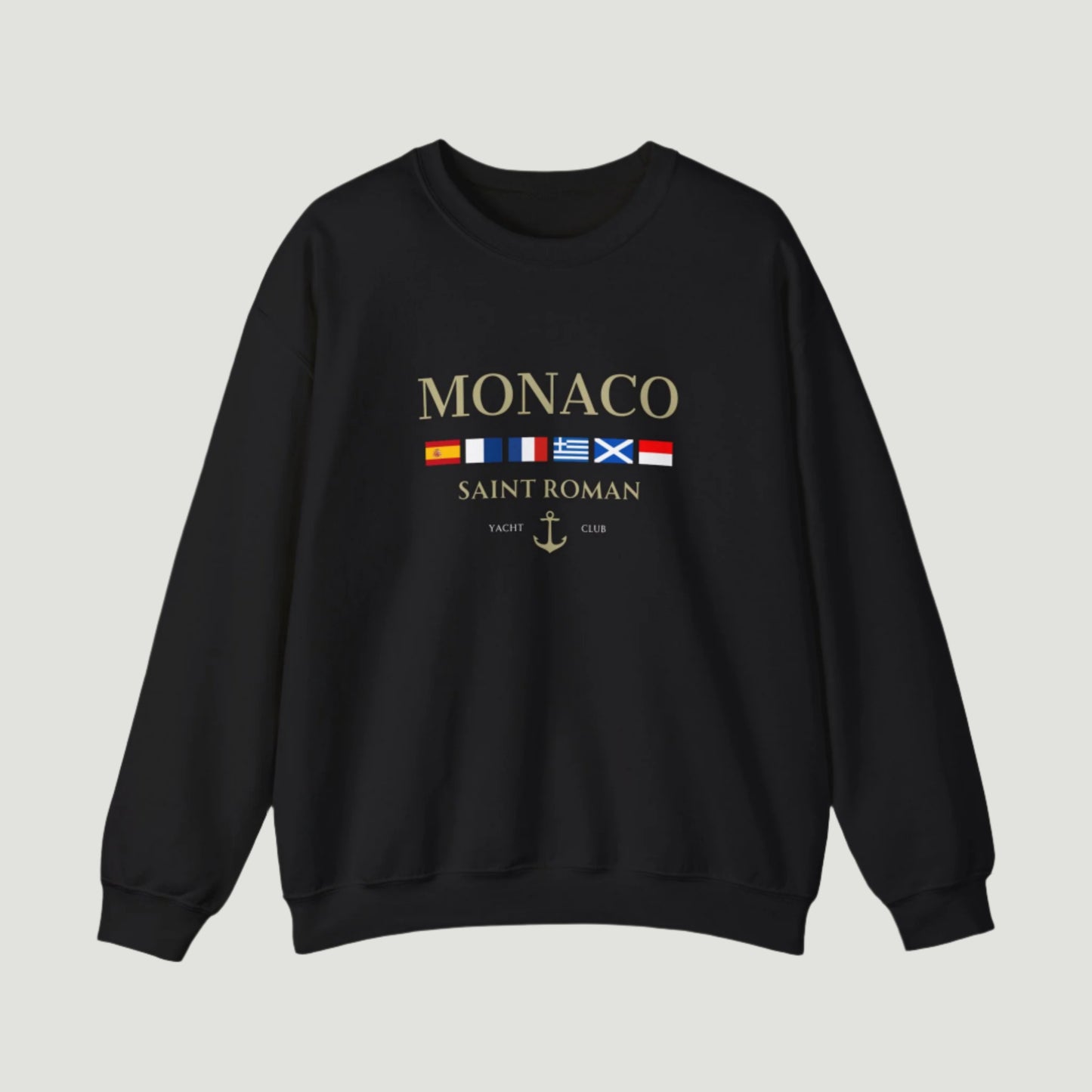 Deep Black Vandox Monaco Saint Roman Yacht Club crewneck featuring international maritime flags, gold lettering, and anchor detail—blending old money elegance with nautical style. Starboy old money hoodie sweatshirt clothes vandox sacrevandox vandox clothes vandox clothing