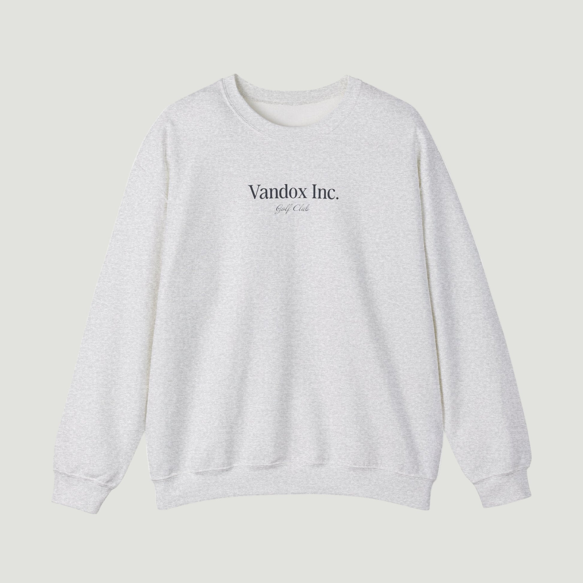 Front view of the Sport Grey Ash Vandox Stockholm Crewneck with subtle “Vandox Inc. Golf Club” print. Starboy old money hoodie sweatshirt clothes vandox sacrevandox vandox clothes vandox clothing crewneck