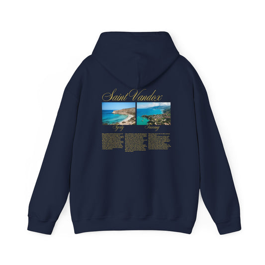 Navy blue hoodie featuring "Saint Vandox" in gold script, with images of Sardinia and Tuscany beaches and detailed descriptions on the back, offering a luxurious, travel-inspired design. Starboy old money hoodie sweatshirt clothes vandox sacrevandox vandox clothes vandox clothing