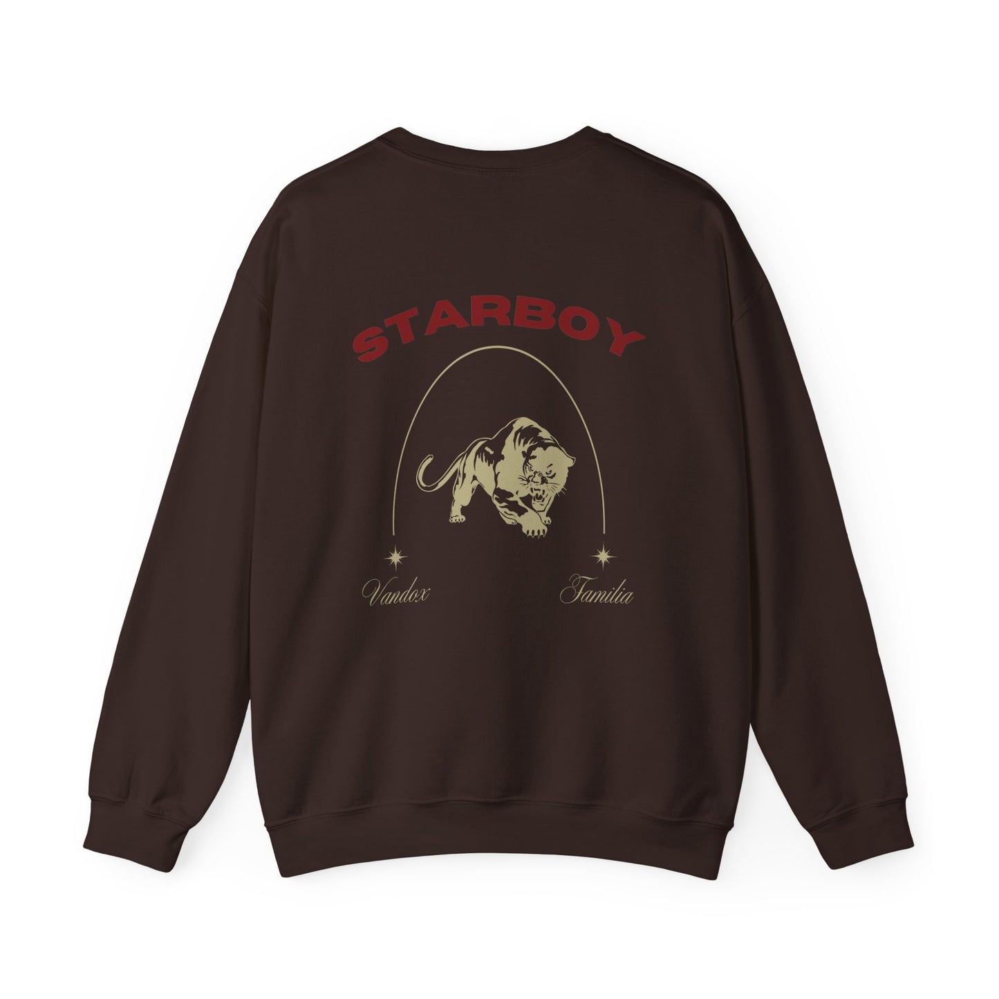 Dark Brown Chocolate Vandox Crewneck with STARBOY on the back, golden lion surrounded by a majestic golden arch, and a small golden logo featuring a star, and text 'vandox familia starboy essential'. Starboy old money hoodie sweatshirt clothes vandox sacrevandox vandox clothes vandox clothing crewneck