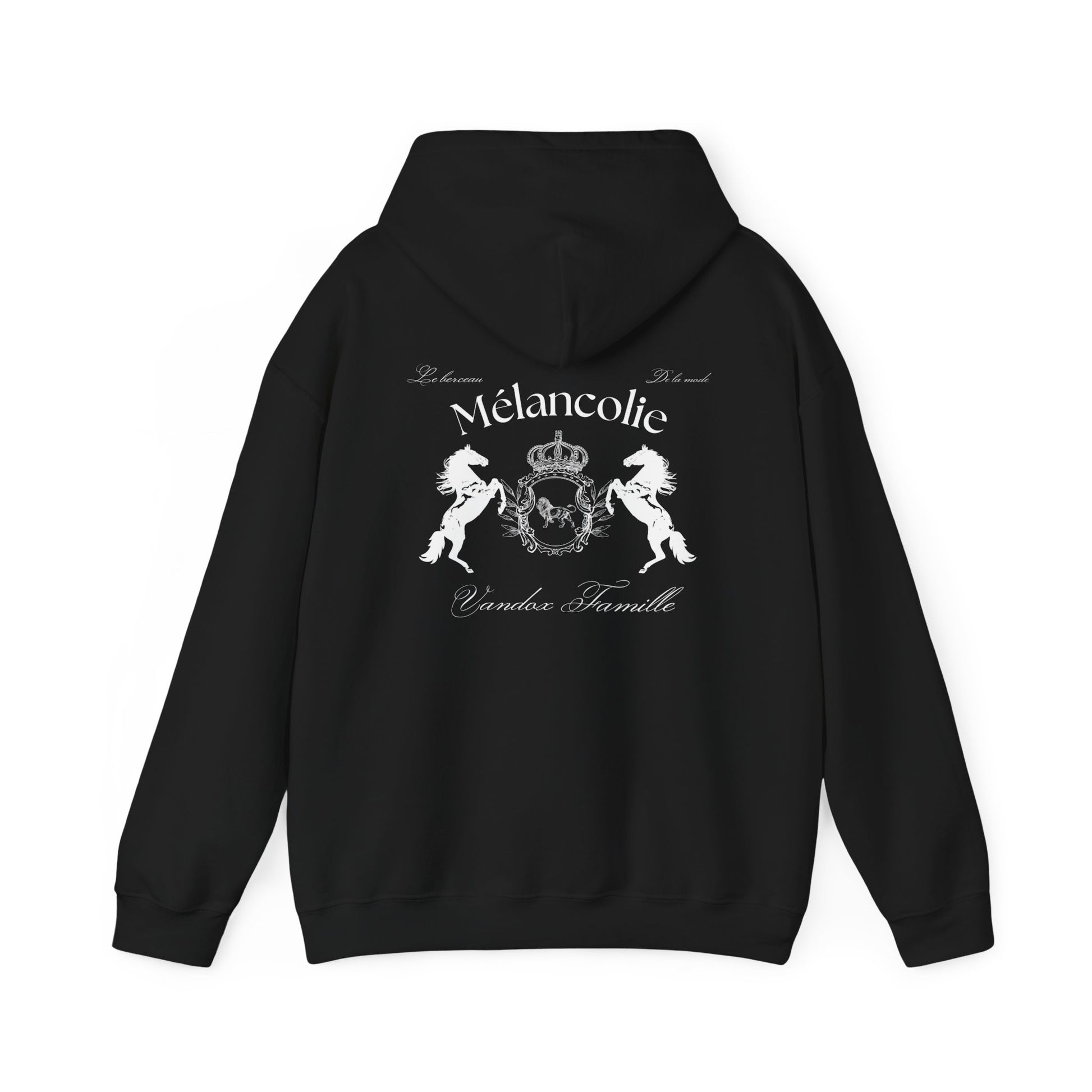 Black Vandox Hoodie with regal crest, two horses, and "Mélancolie" and "Vandox Famille" text on the back. Starboy old money hoodie sweatshirt clothes vandox sacrevandox vandox clothes vandox clothing