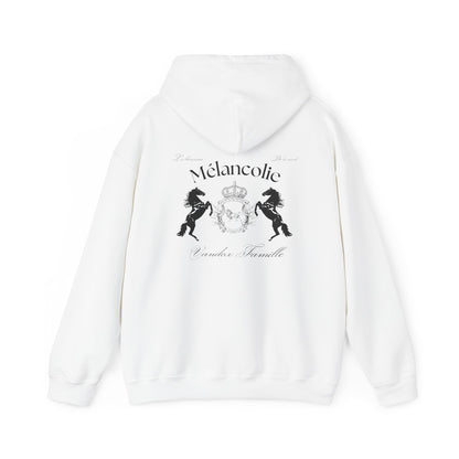  White Vandox Hoodie with regal crest, two horses, and "Mélancolie" and "Vandaux Famille" text on the back. Starboy old money hoodie sweatshirt clothes vandox sacrevandox vandox clothes vandox clothing