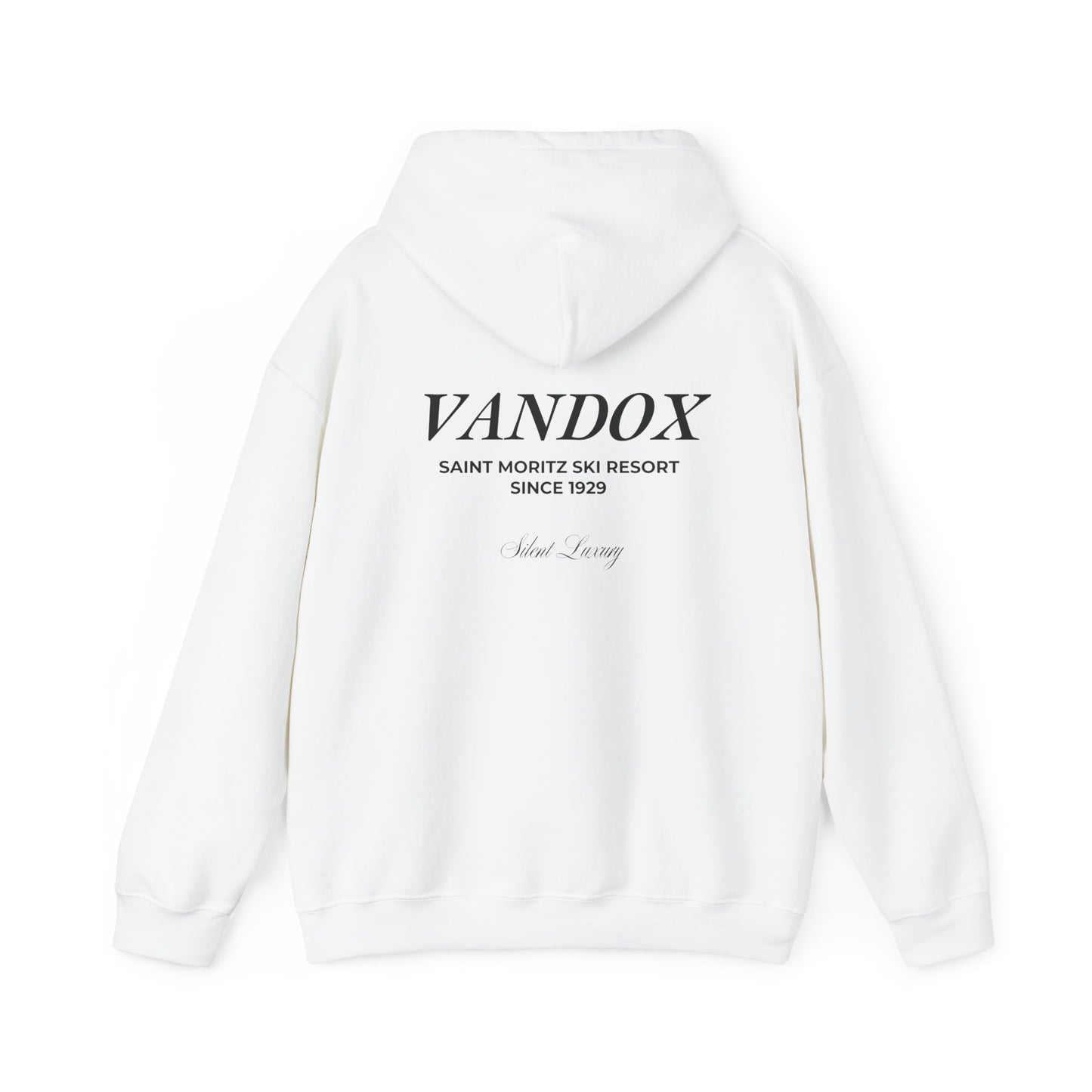 White Vandox Hoodie with front text "ST. MORITZ SKI RESORT" and VANDOX saint moritz ski resort since 1929  silent luxury text on the back. Saint Moritz St. Moritz Monaco Ski resort skiing clothes winter clothing Starboy old money hoodie sweatshirt clothes vandox sacrevandox vandox clothes vandox clothing