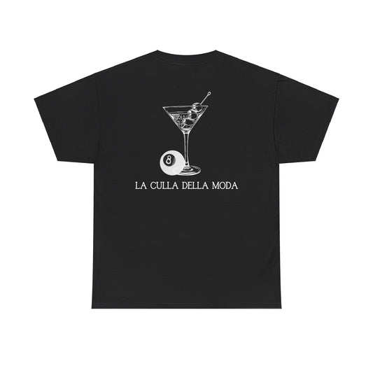 Black Vandox T-shirt with a martini glass, 8-ball, and the phrase "La Culla Della Moda" on the back. Starboy old money shirt tshirt clothes vandox sacrevandox vandox clothes vandox clothing