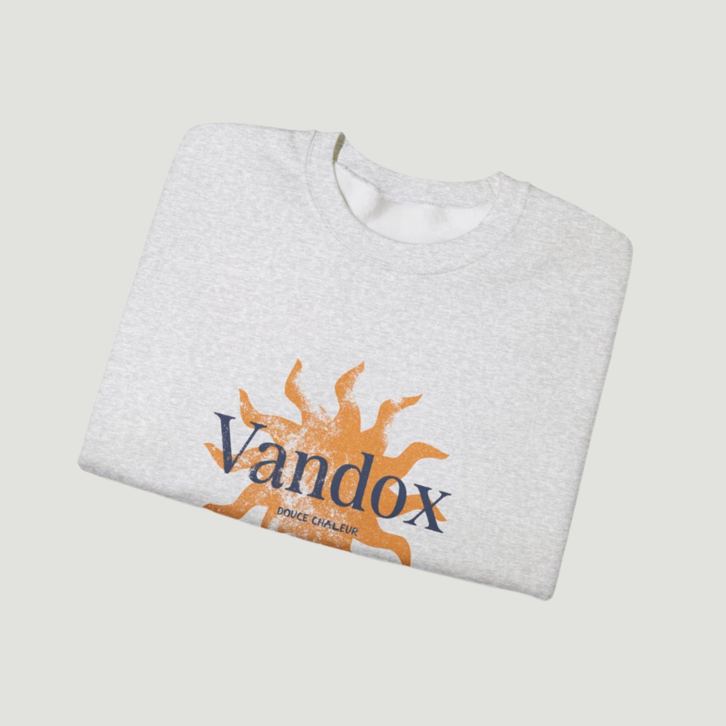 Ash Sport Grey Vandox Azure Heat Crewneck featuring a sunburst graphic and “Douce Chaleur” text, inspired by Mediterranean summer luxury. Starboy old money hoodie sweatshirt clothes vandox sacrevandox vandox clothes vandox clothing crewneck