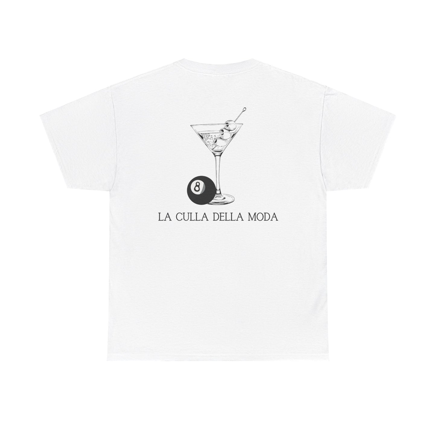 White Vandox T-shirt with a martini glass, 8-ball, and the phrase "La Culla Della Moda" on the back. Starboy old money shirt tshirt clothes vandox sacrevandox vandox clothes vandox clothing