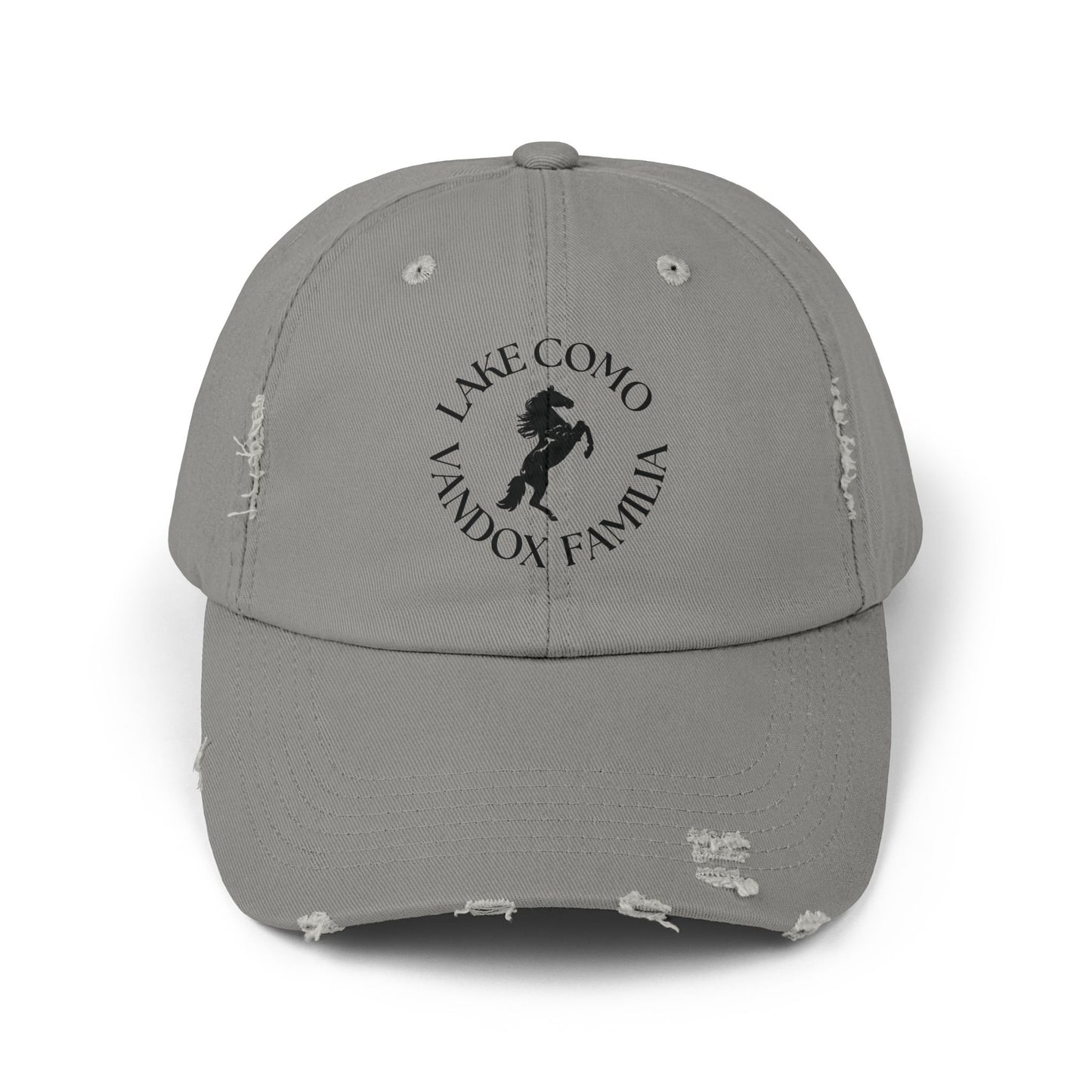 grey Vandox Familia Hat with horse graphic surrounded by "Lake Como Vandox Familia" text. Hat Cap Baseball Cap Baseball Hat starboy hat old money hats vandox sacre vandox sacrevandox vandox clothing vintage distressed baseball hat