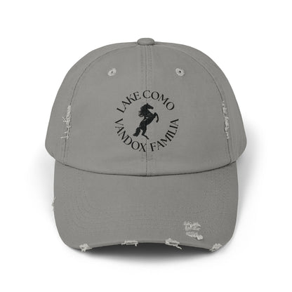 grey Vandox Familia Hat with horse graphic surrounded by "Lake Como Vandox Familia" text. Hat Cap Baseball Cap Baseball Hat starboy hat old money hats vandox sacre vandox sacrevandox vandox clothing vintage distressed baseball hat