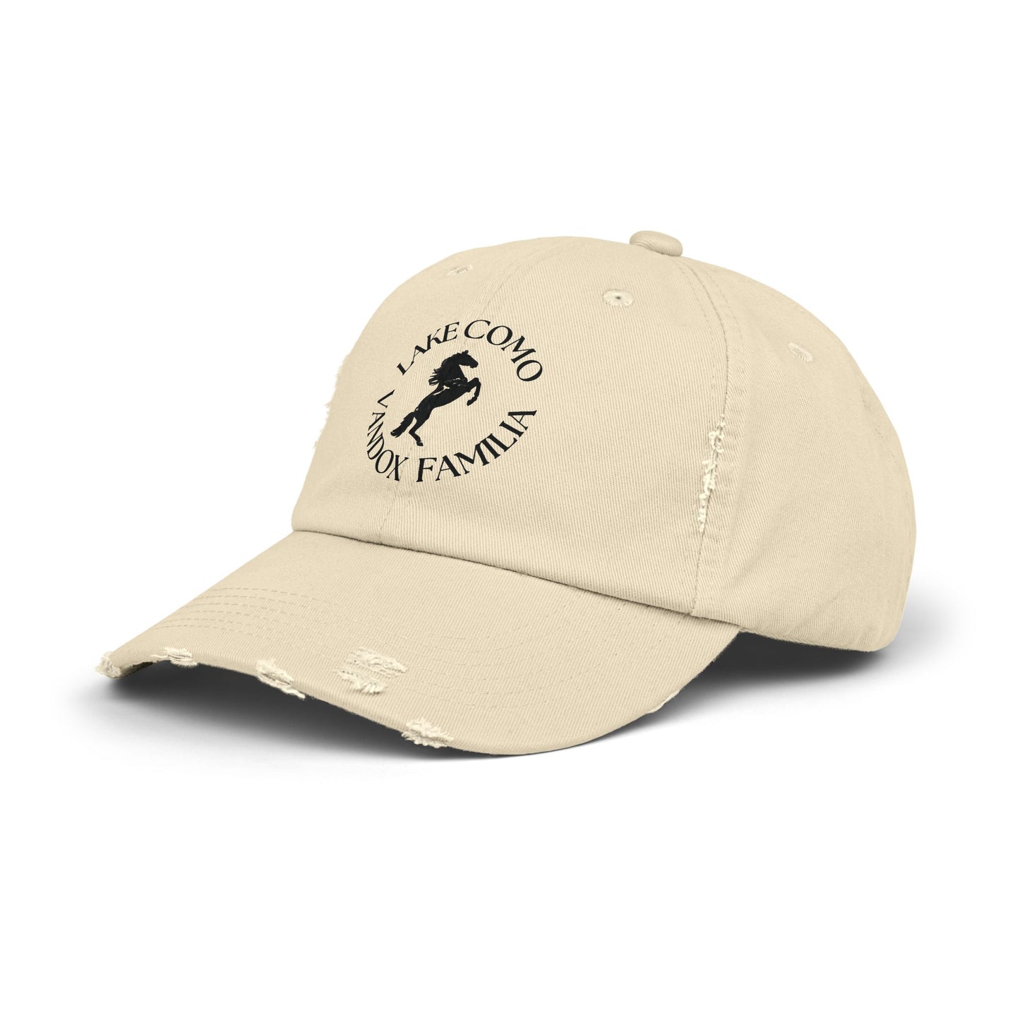 sand cream Vandox Familia Hat with horse graphic surrounded by "Lake Como Vandox Familia" text. Hat Cap Baseball Cap Baseball Hat starboy hat old money hats vandox sacre vandox sacrevandox vandox clothing vintage distressed baseball hat