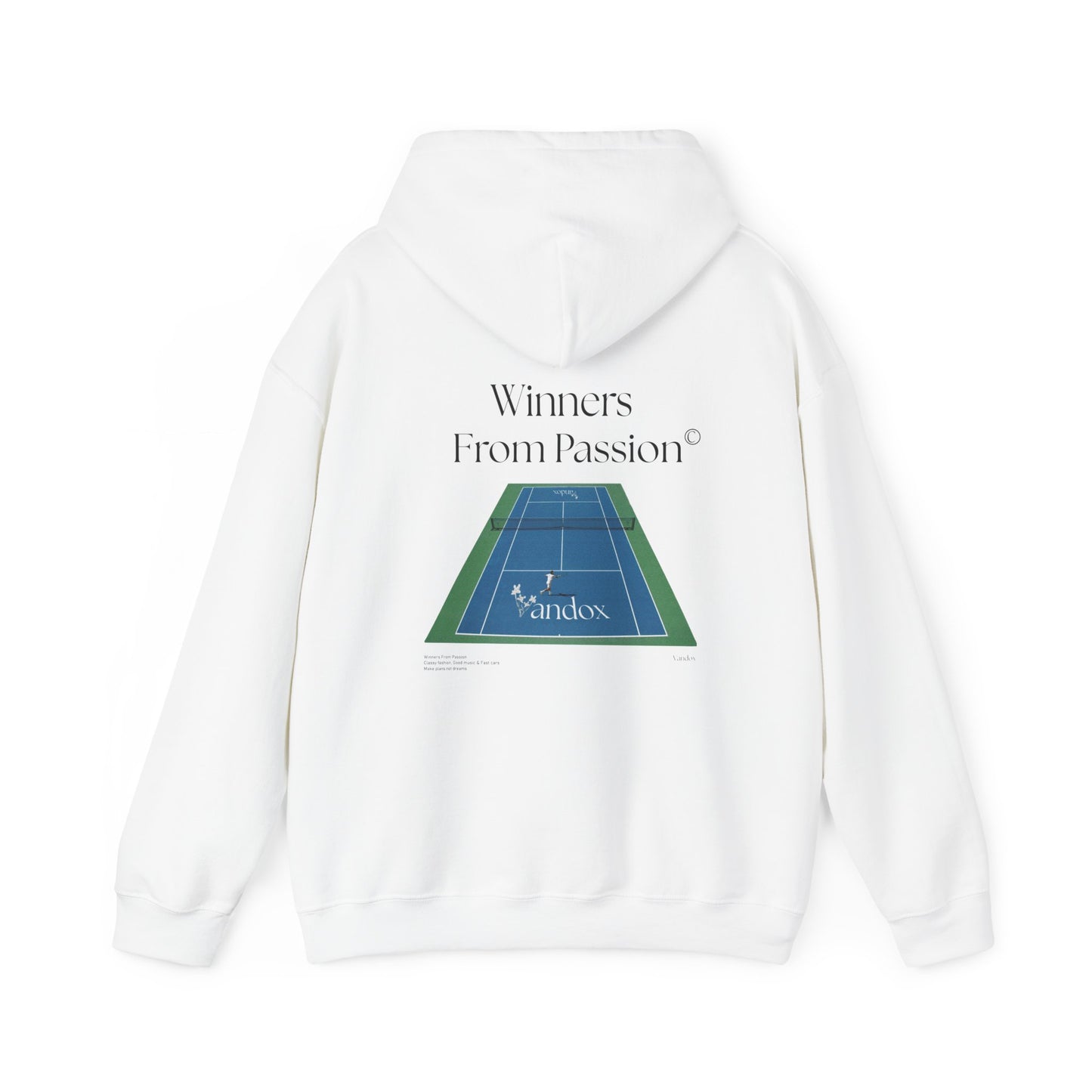 White VANDOX Tennis Court Hoodie with VNX Vandox logo and tennis court design and "Winners From Passion" slogan. Starboy old money hoodie sweatshirt clothes vandox sacrevandox vandox clothes vandox clothing