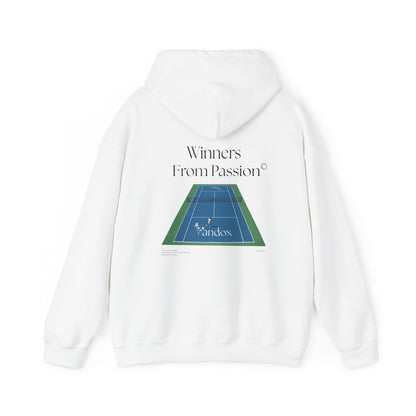 White VANDOX Tennis Court Hoodie with VNX Vandox logo and tennis court design and "Winners From Passion" slogan. Starboy old money hoodie sweatshirt clothes vandox sacrevandox vandox clothes vandox clothing