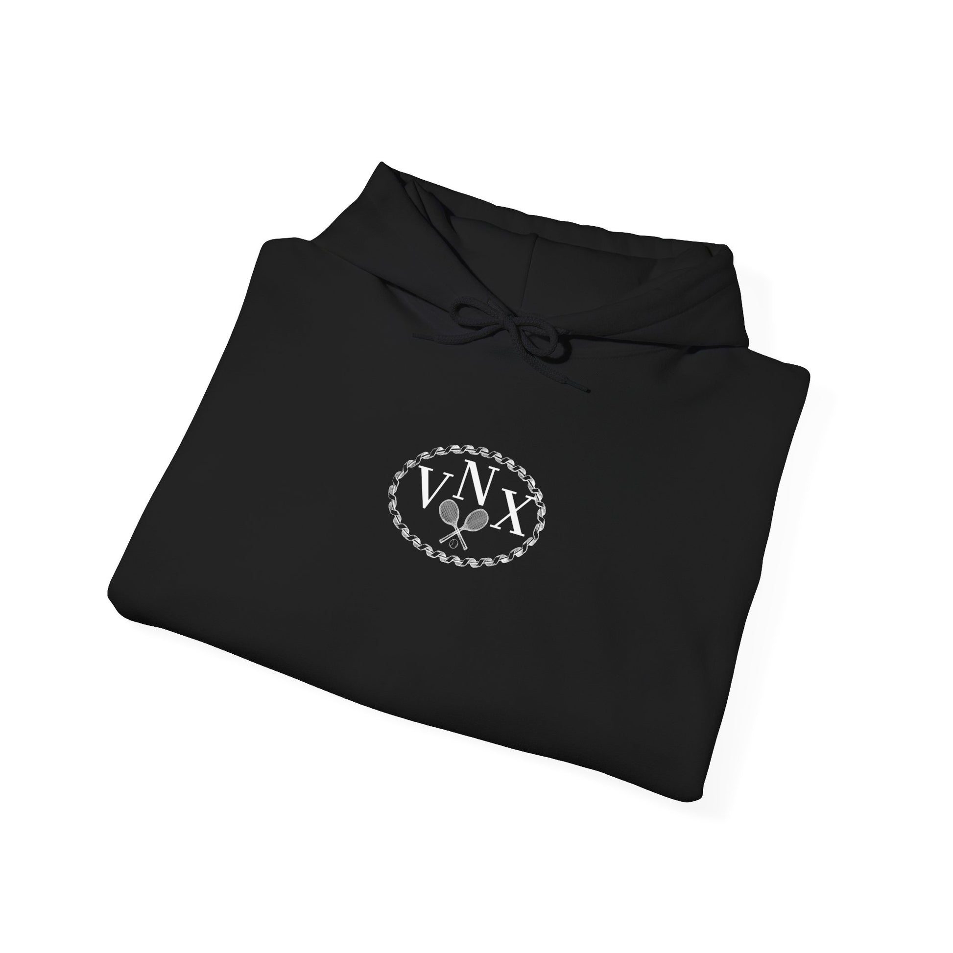 Black VANDOX Tennis Court Hoodie with VNX Vandox logo and tennis court design and "Winners From Passion" slogan. Starboy old money hoodie sweatshirt clothes vandox sacrevandox vandox clothes vandox clothing