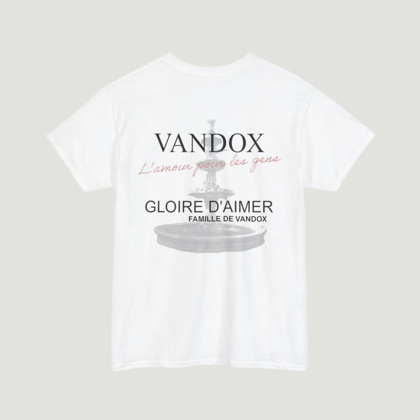 Eggshell white Vandox Fontaine d’Amour T‑Shirt with ornate French fountain graphic and romantic French script phrases. Starboy old money shirt tshirt clothes vandox sacrevandox vandox clothes vandox clothing