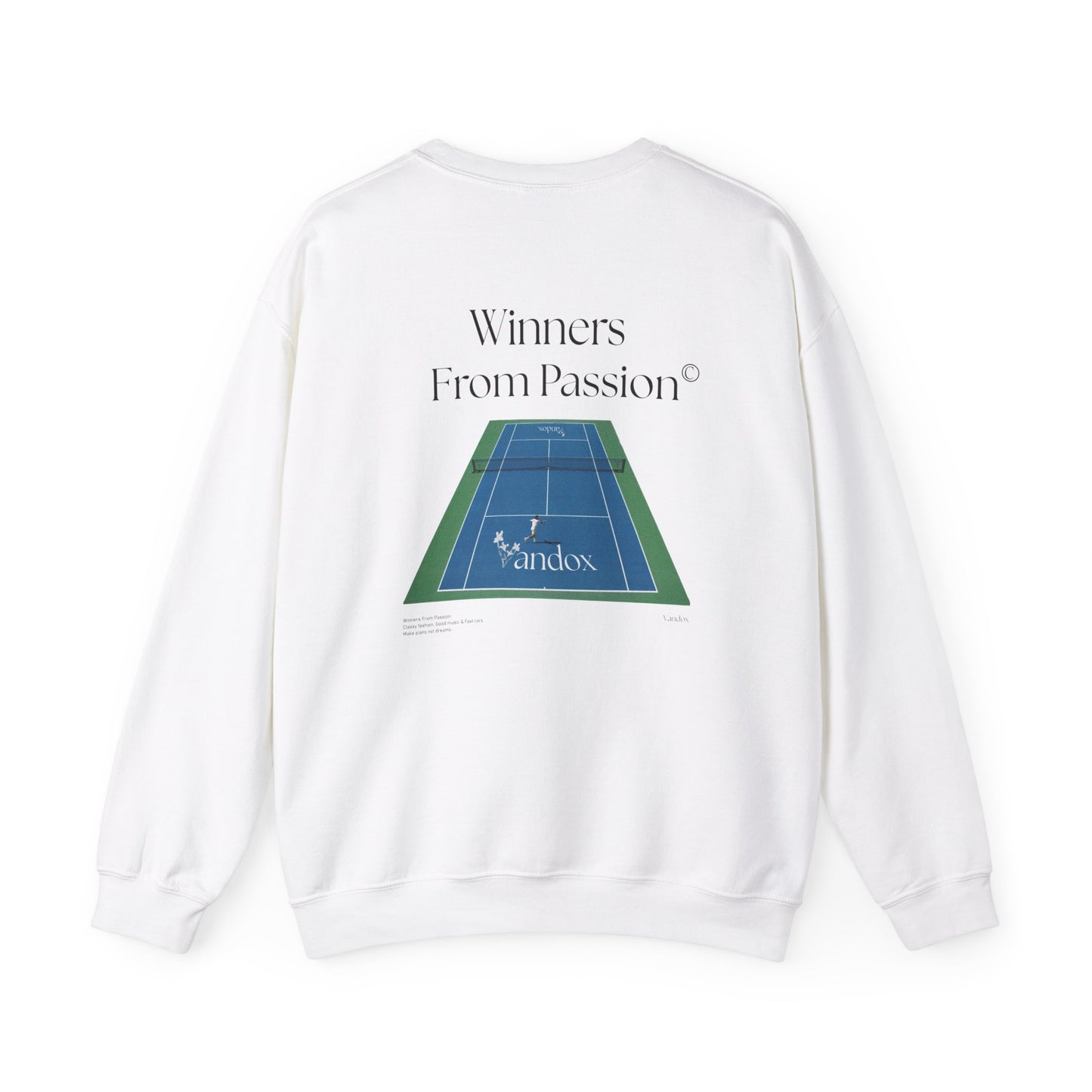 white VANDOX Tennis Court Crewneck with VNX Vandox logo and tennis court design and "Winners From Passion" slogan. Starboy old money hoodie sweatshirt clothes vandox sacrevandox vandox clothes vandox clothing crewneck