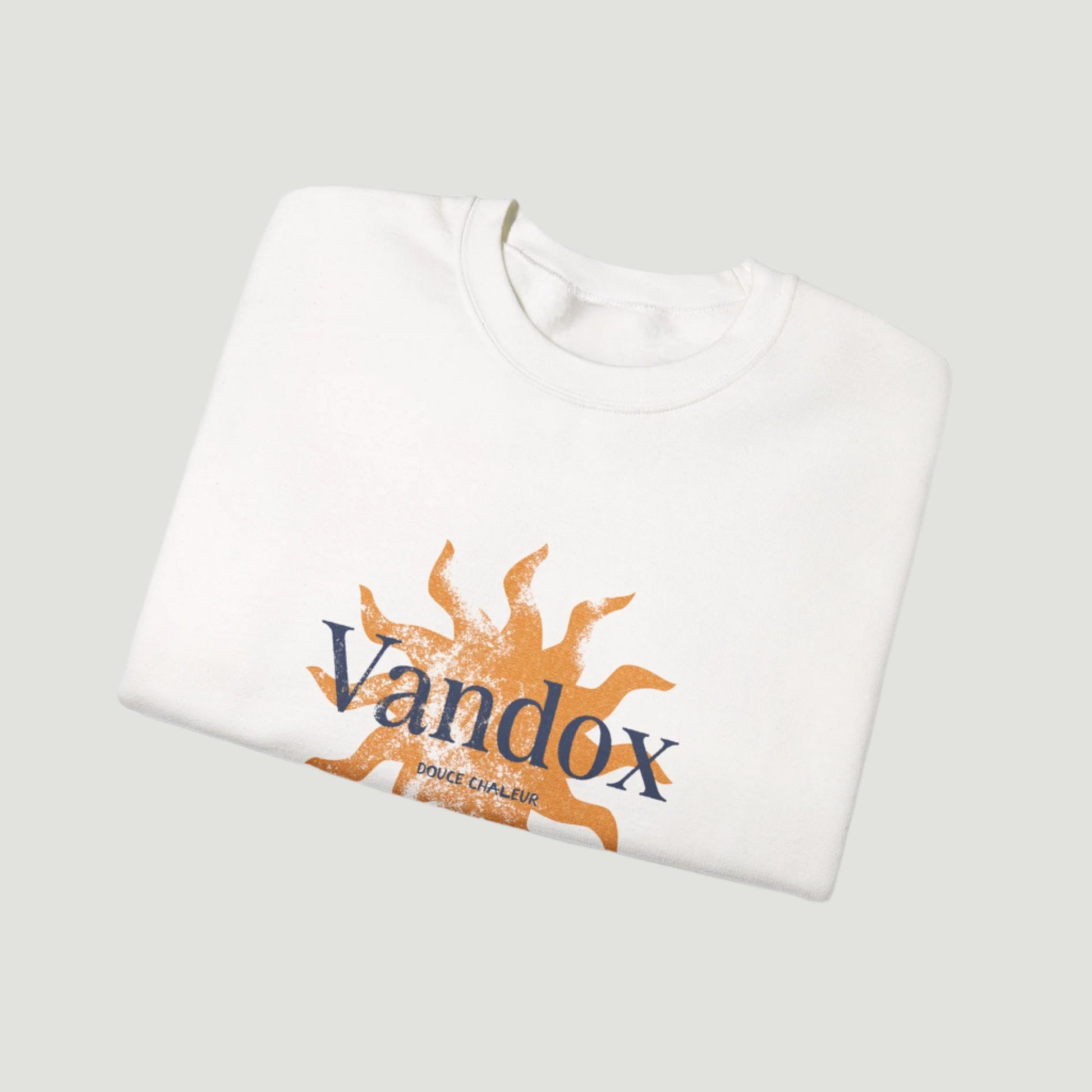 Eggshell White Vandox Azure Heat Crewneck featuring a sunburst graphic and “Douce Chaleur” text, inspired by Mediterranean summer luxury. Starboy old money hoodie sweatshirt clothes vandox sacrevandox vandox clothes vandox clothing crewneck
