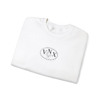 white VANDOX Tennis Court Crewneck with VNX Vandox logo and tennis court design and "Winners From Passion" slogan. Starboy old money hoodie sweatshirt clothes vandox sacrevandox vandox clothes vandox clothing crewneck