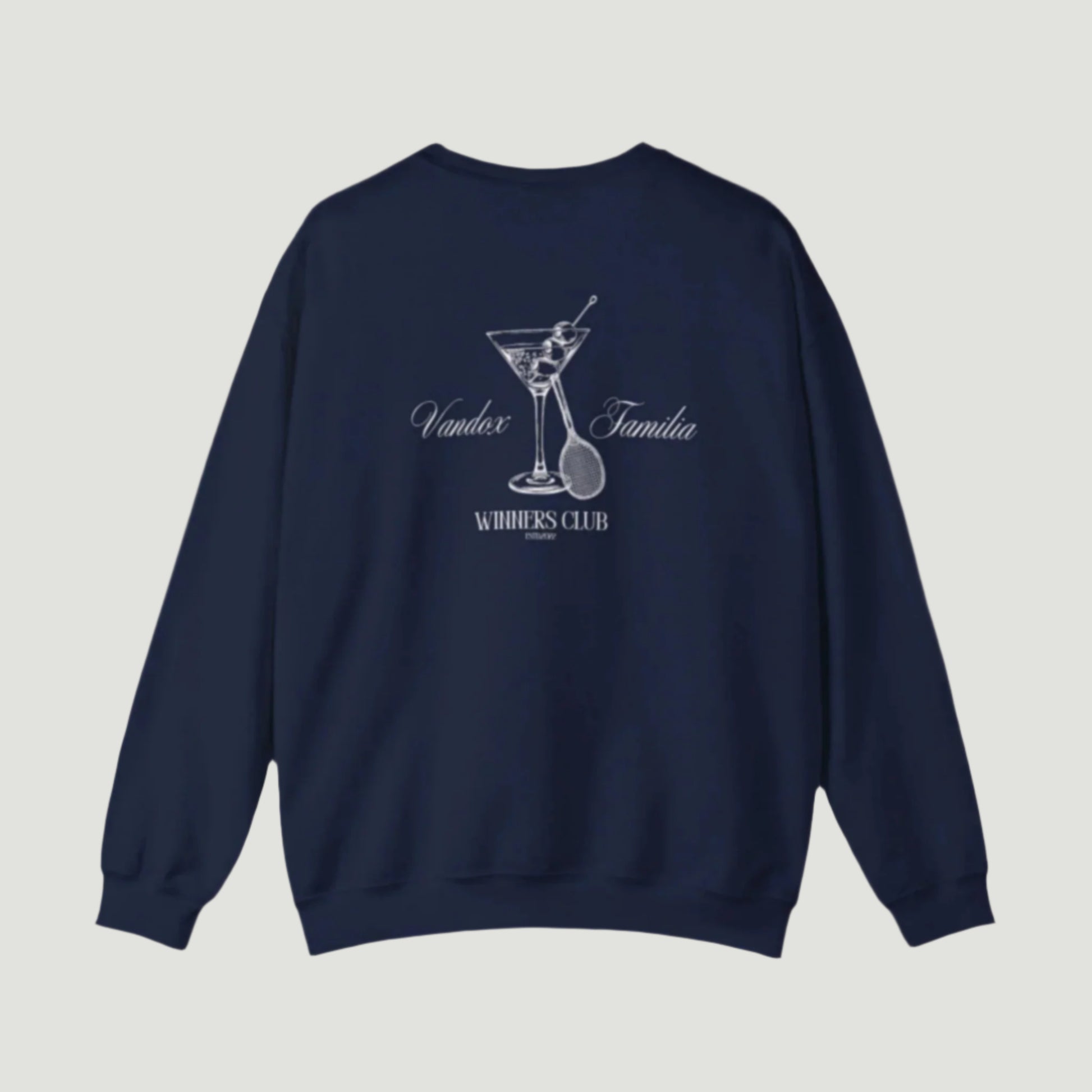 Navy dark blue Vandox Martini Crewneck featuring a detailed martini glass and "Winners Club" design on the back, perfect for stylish fall wear. Starboy old money hoodie sweatshirt clothes vandox sacrevandox vandox clothes vandox clothing crewneck