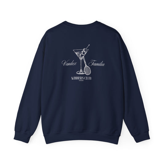 Navy dark blue Vandox Martini Crewneck featuring a detailed martini glass and "Winners Club" design on the back, perfect for stylish fall wear. Starboy old money hoodie sweatshirt clothes vandox sacrevandox vandox clothes vandox clothing crewneck