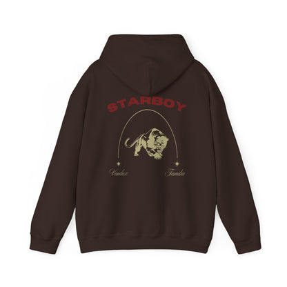 Chocolate Dark Brown Vandox Hoodie with STARBOY on the back, golden lion surrounded by a majestic golden arch, and a small golden logo featuring a star, and text 'vandox familia starboy essential'. Starboy old money hoodie sweatshirt clothes vandox sacrevandox vandox clothes vandox clothing crewneck