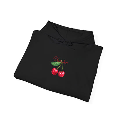 Black Vandox hoodie front featuring an embroidered cherry graphic and Vandox logo; back of hoodie with a bold cherry illustration and elegant script. Starboy old money hoodie sweatshirt clothes vandox sacrevandox vandox clothes vandox clothing