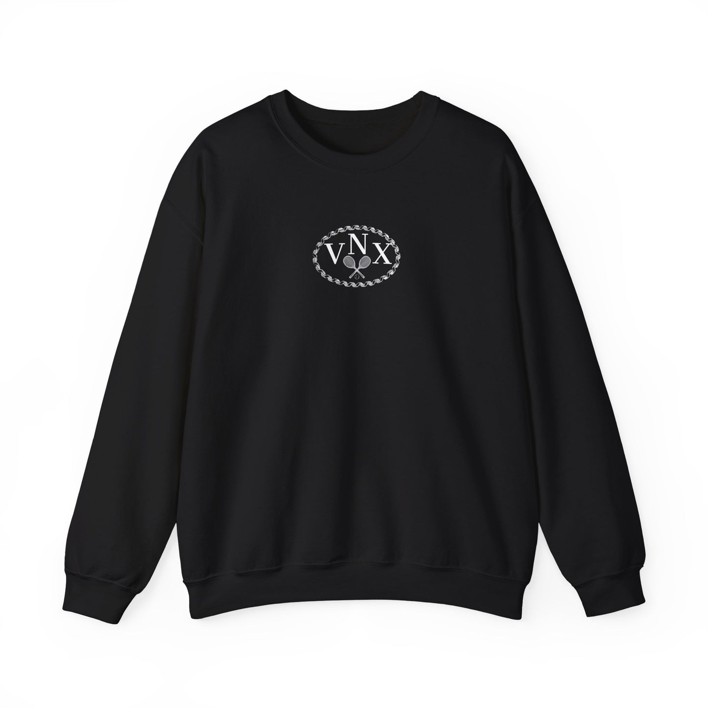 Black VANDOX Tennis Court Crewneck with VNX Vandox logo and tennis court design and "Winners From Passion" slogan. Starboy old money hoodie sweatshirt clothes vandox sacrevandox vandox clothes vandox clothing crewneck