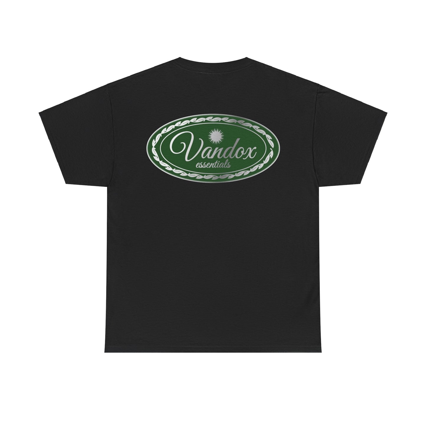 Black Vandox Essential crest T-shirt featuring a small black-and-white logo on the front chest and a bold green oval logo design on the back, crafted from soft, breathable cotton. Starboy old money shirt tshirt clothes vandox sacrevandox vandox clothes vandox clothing