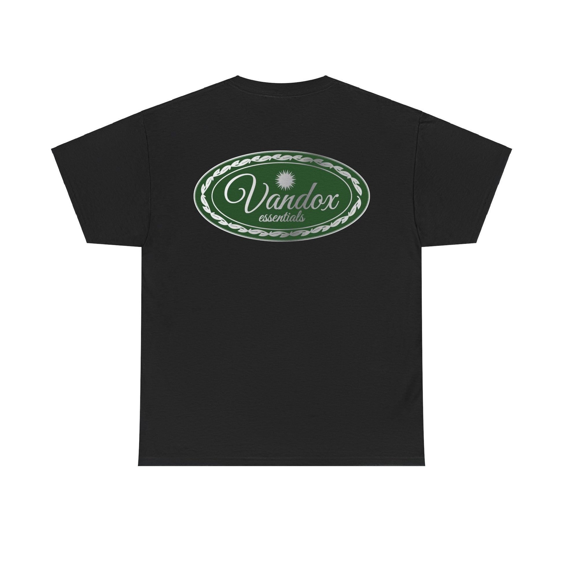 Black Vandox Essential crest T-shirt featuring a small black-and-white logo on the front chest and a bold green oval logo design on the back, crafted from soft, breathable cotton. Starboy old money shirt tshirt clothes vandox sacrevandox vandox clothes vandox clothing