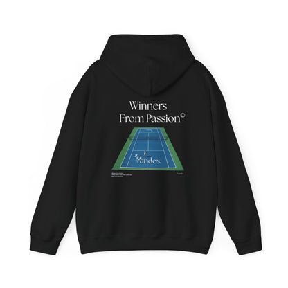 Black VANDOX Tennis Court Hoodie with VNX Vandox logo and tennis court design and "Winners From Passion" slogan. Starboy old money hoodie sweatshirt clothes vandox sacrevandox vandox clothes vandox clothing