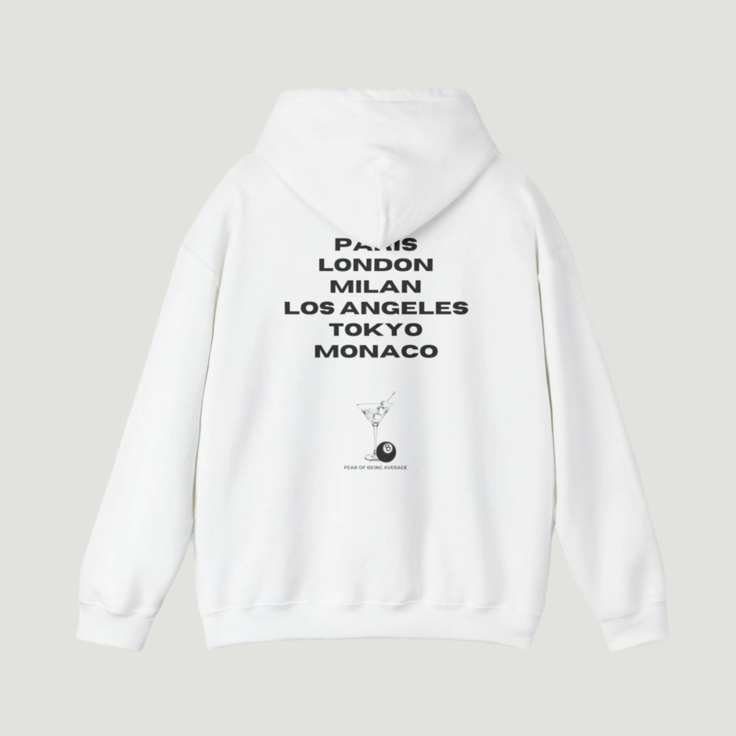 Eggshell white Vandox hoodie featuring embroidered martini glass and 8-ball graphic on front, and bold city name typography with "Fear of Being Average" text on back. Starboy old money hoodie sweatshirt clothes vandox sacrevandox vandox clothes vandox clothing