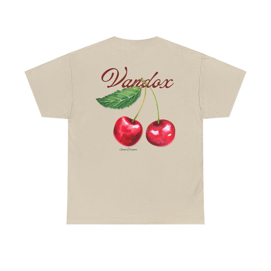 Sand cream beige tan Vandox cherry t-shirt with a printed cherry graphic and "Vandox" logo; back of t-shirt featuring a bold cherry illustration and stylish vandox script font. Starboy old money shirt tshirt clothes vandox sacrevandox vandox clothes vandox clothing