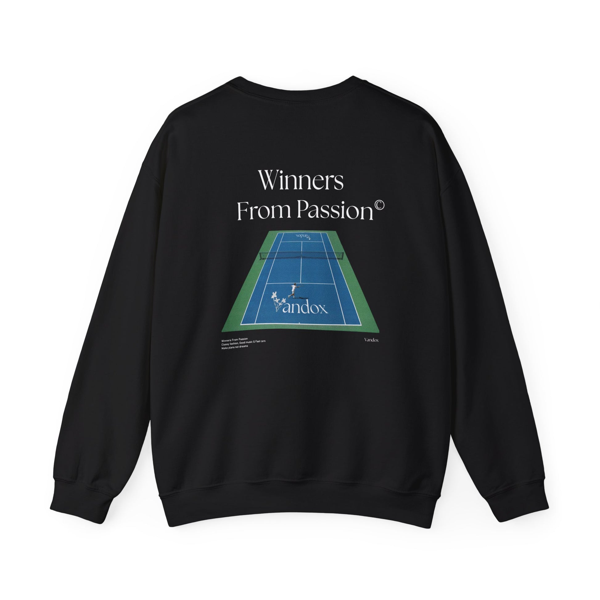 Black VANDOX Tennis Court Crewneck with VNX Vandox logo and tennis court design and "Winners From Passion" slogan. Starboy old money hoodie sweatshirt clothes vandox sacrevandox vandox clothes vandox clothing crewneck