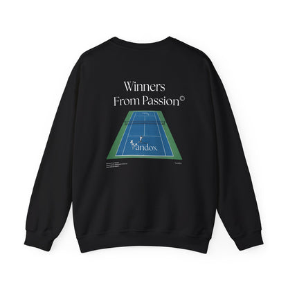 Black VANDOX Tennis Court Crewneck with VNX Vandox logo and tennis court design and "Winners From Passion" slogan. Starboy old money hoodie sweatshirt clothes vandox sacrevandox vandox clothes vandox clothing crewneck