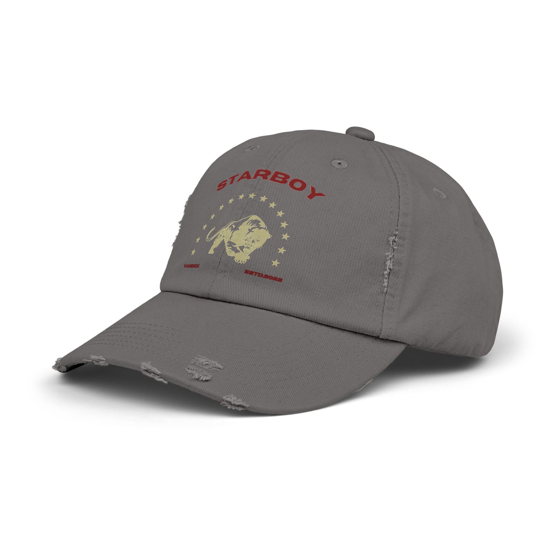 grey Vandox Hat with fierce lion graphic surrounded by stars, with bold 'Starboy' text above. Hat Cap Baseball Cap Baseball Hat starboy hat old money hats vandox sacre vandox sacrevandox vandox clothing