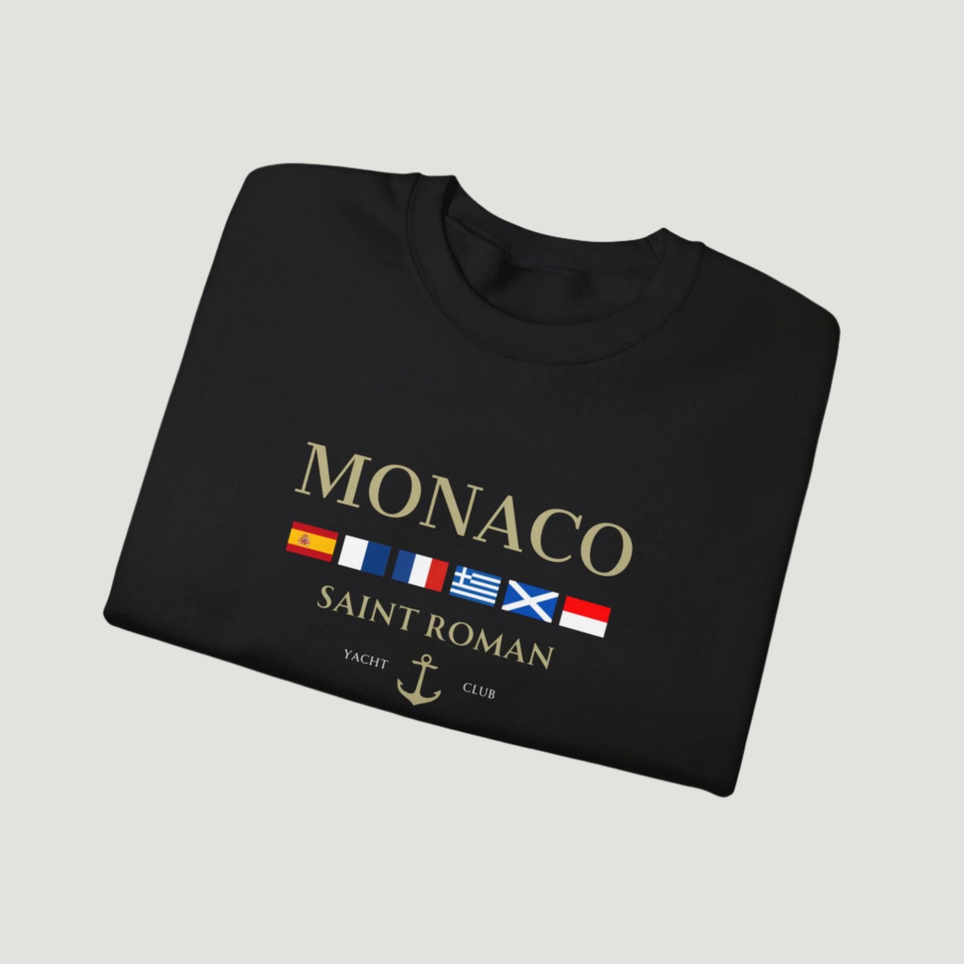 Deep Black Vandox Monaco Saint Roman Yacht Club crewneck featuring international maritime flags, gold lettering, and anchor detail—blending old money elegance with nautical style. Starboy old money hoodie sweatshirt clothes vandox sacrevandox vandox clothes vandox clothing