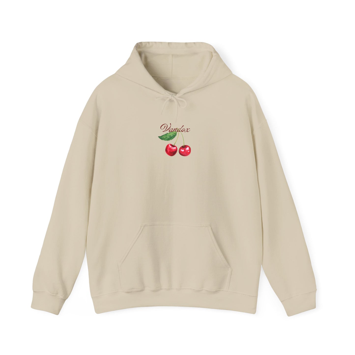 Sand cream tan beige Vandox hoodie front featuring an embroidered cherry graphic and Vandox logo; back of hoodie with a bold cherry illustration and elegant script. Starboy old money hoodie sweatshirt clothes vandox sacrevandox vandox clothes vandox clothing