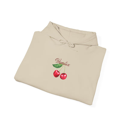 Sand cream tan beige Vandox hoodie front featuring an embroidered cherry graphic and Vandox logo; back of hoodie with a bold cherry illustration and elegant script. Starboy old money hoodie sweatshirt clothes vandox sacrevandox vandox clothes vandox clothing