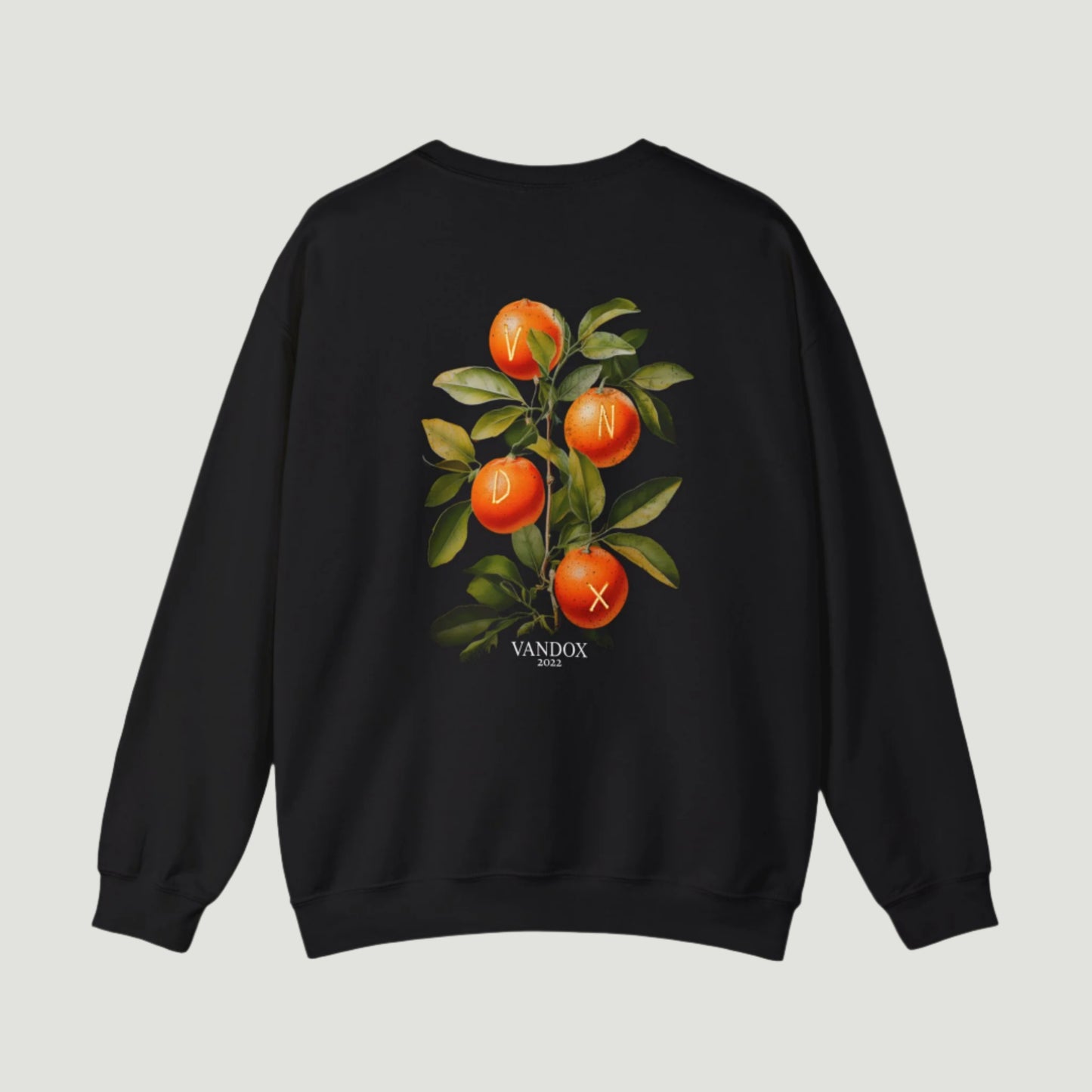 Deep Black Vandox Riviera Grove Crewneck featuring an illustrated orange branch with VNDX initials, inspired by Mediterranean orchards and old money lifestyle. Starboy old money hoodie sweatshirt clothes vandox sacrevandox vandox clothes vandox clothing crewneck