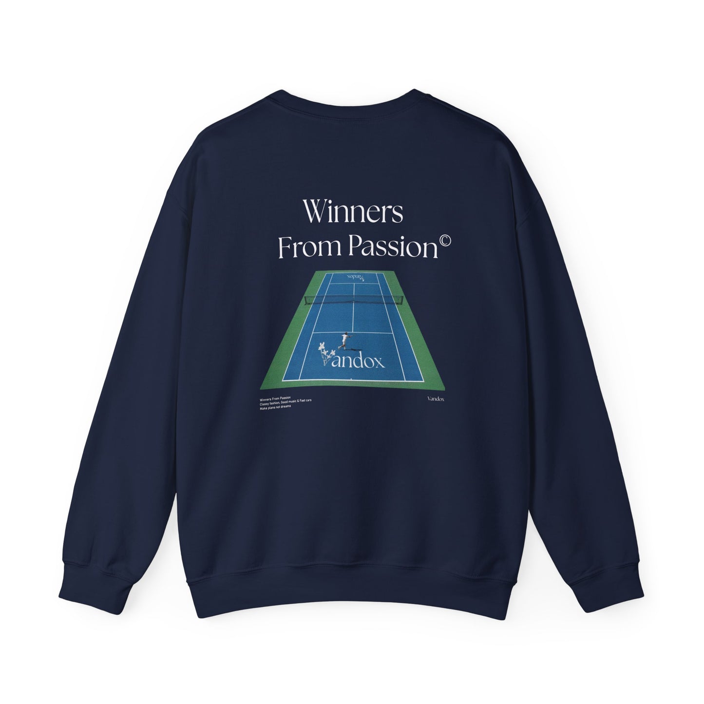 Navy Dark Blue VANDOX Tennis Court Crewneck with VNX Vandox logo and tennis court design and "Winners From Passion" slogan. Starboy old money hoodie sweatshirt clothes vandox sacrevandox vandox clothes vandox clothing crewneck