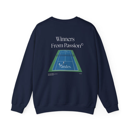 Navy Dark Blue VANDOX Tennis Court Crewneck with VNX Vandox logo and tennis court design and "Winners From Passion" slogan. Starboy old money hoodie sweatshirt clothes vandox sacrevandox vandox clothes vandox clothing crewneck