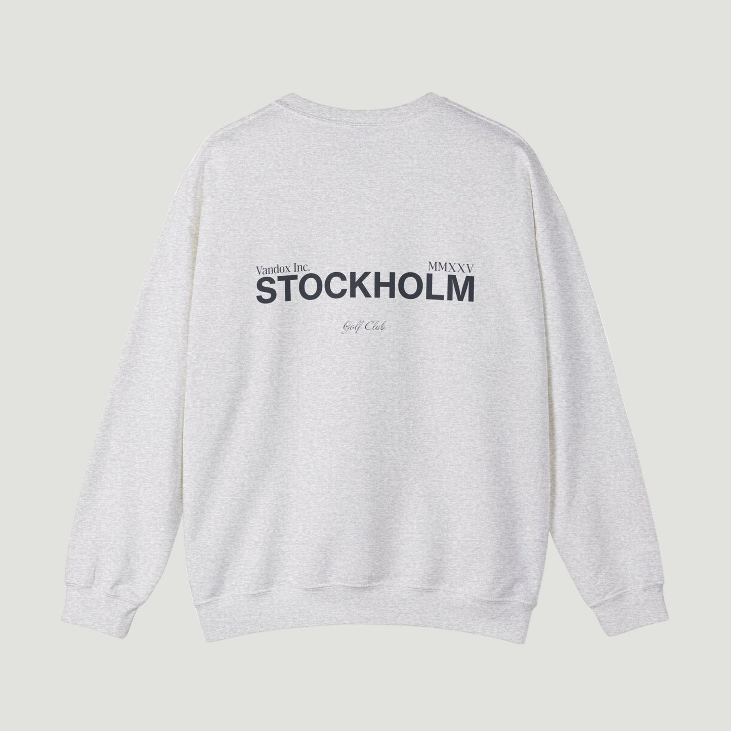 Back view of the Sport Grey Ash Vandox Stockholm Crewneck featuring bold “STOCKHOLM” and “Vandox Inc. MMXXV Golf Club” text. Starboy old money hoodie sweatshirt clothes vandox sacrevandox vandox clothes vandox clothing crewneck 
