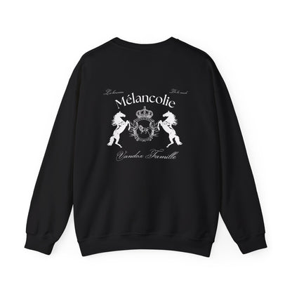 Black Vandox Hoodie with regal crest, two horses, and "Mélancolie" and "Vandox Famille" text on the back. Starboy old money hoodie sweatshirt clothes vandox sacrevandox vandox clothes vandox clothing crewneck autumn clothes no hood fall clothes 