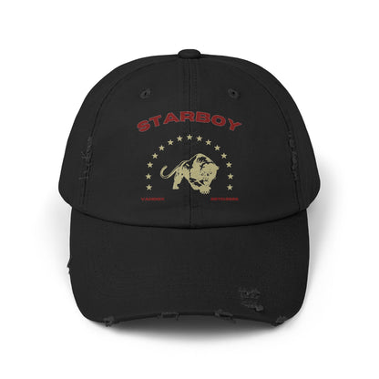 black Vandox Hat with fierce lion graphic surrounded by stars, with bold 'Starboy' text above. Hat Cap Baseball Cap Baseball Hat starboy hat old money hats vandox sacre vandox sacrevandox vandox clothing