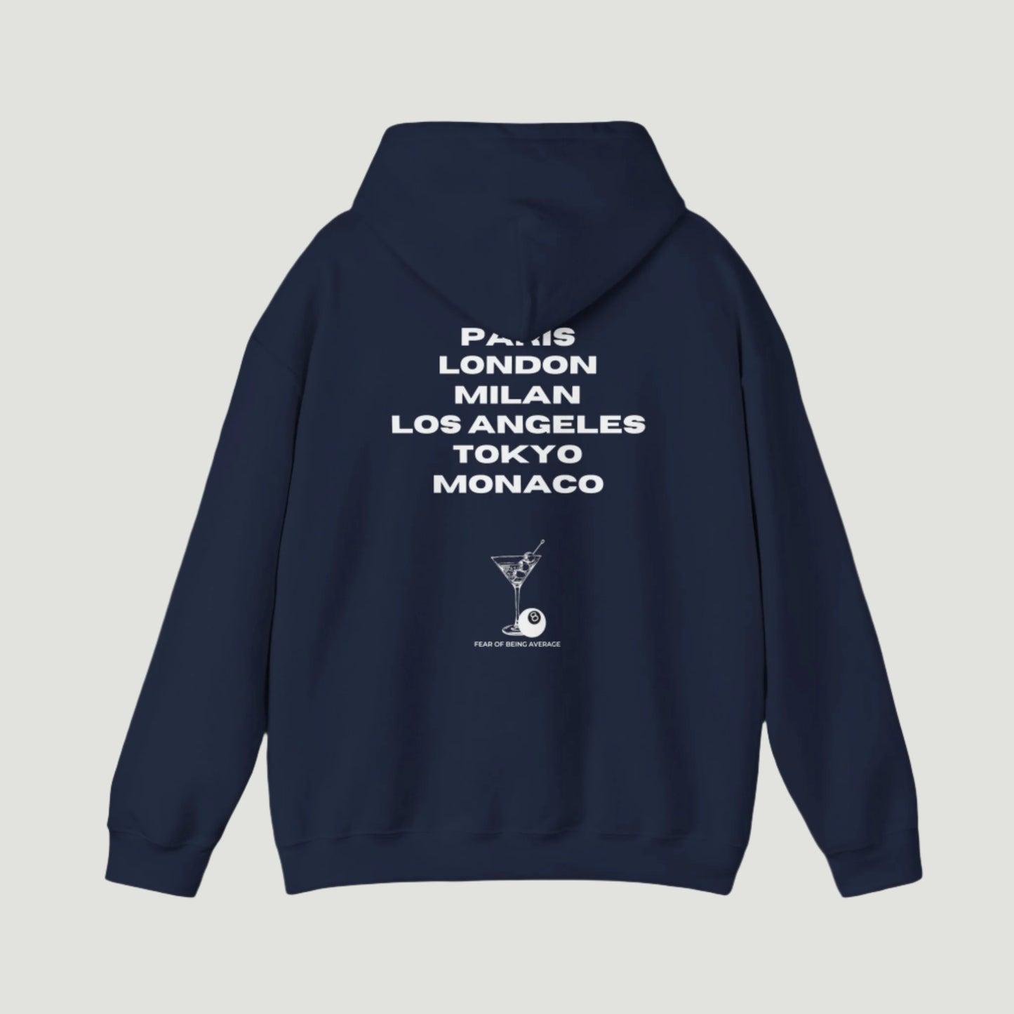 Deep Dark Blue Navy Vandox hoodie featuring embroidered martini glass and 8-ball graphic on front, and bold city name typography with "Fear of Being Average" text on back. Starboy old money hoodie sweatshirt clothes vandox sacrevandox vandox clothes vandox clothing