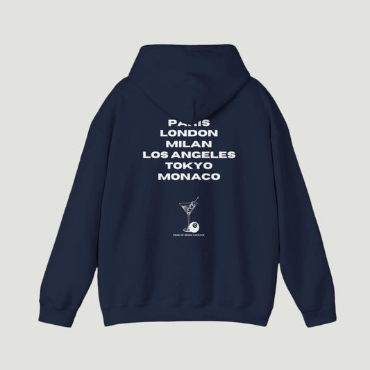 Deep Dark Blue Navy Vandox hoodie featuring embroidered martini glass and 8-ball graphic on front, and bold city name typography with "Fear of Being Average" text on back. Starboy old money hoodie sweatshirt clothes vandox sacrevandox vandox clothes vandox clothing