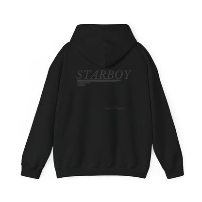 Black Vandox Starboy hoodie with minimalist black text design and "Vander Essentials" branding on the back, ideal for casual and stylish streetwear looks. Starboy old money hoodie sweatshirt clothes vandox sacrevandox vandox clothes vandox clothing