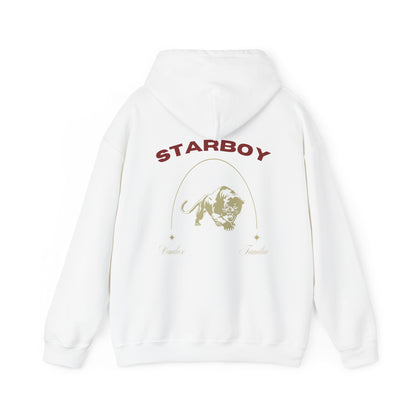 White Vandox Hoodie with STARBOY on the back, golden lion surrounded by a majestic golden arch, and a small golden logo featuring a star, and text 'vandox familia starboy essential'. Starboy old money hoodie sweatshirt clothes vandox sacrevandox vandox clothes vandox clothing crewneck