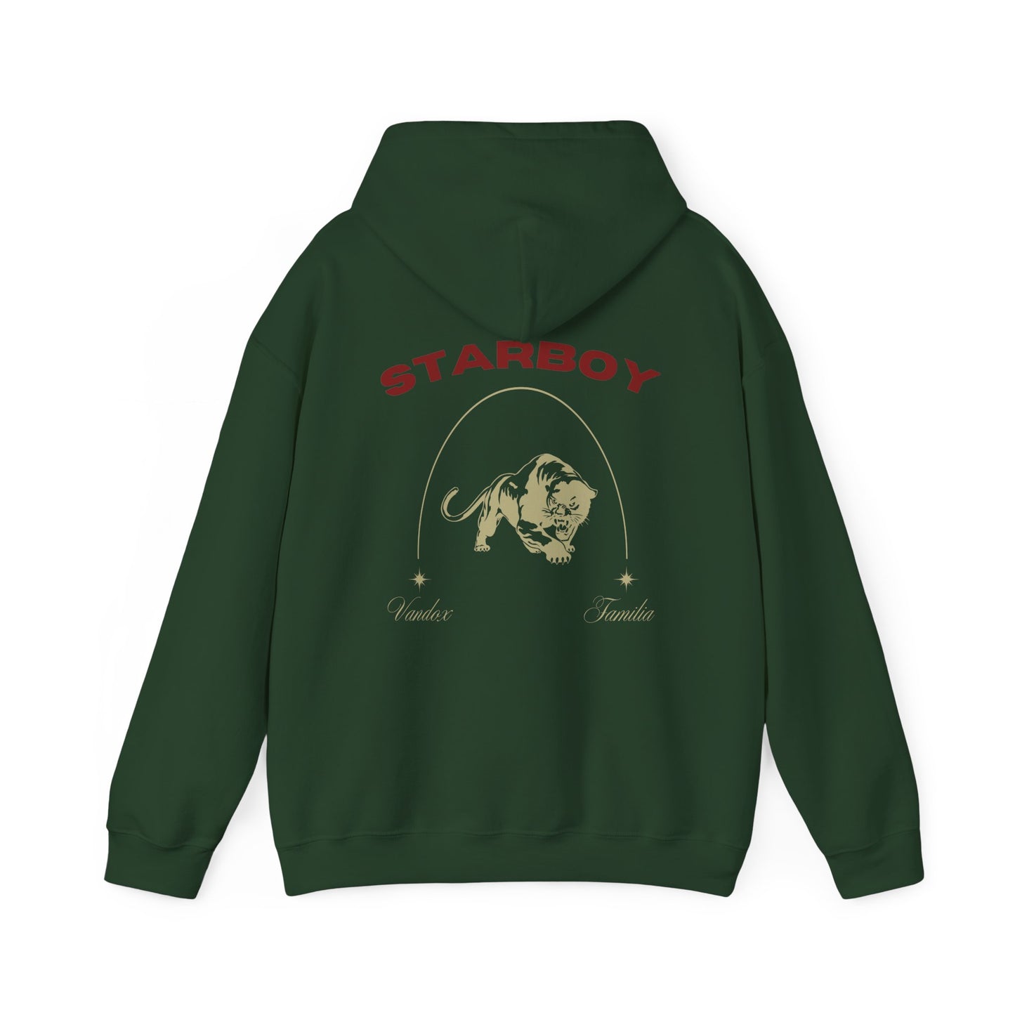 Forest Dark Green Vandox Hoodie with STARBOY on the back, golden lion surrounded by a majestic golden arch, and a small golden logo featuring a star, and text 'vandox familia starboy essential'. Starboy old money hoodie sweatshirt clothes vandox sacrevandox vandox clothes vandox clothing crewneck