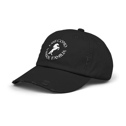 black Vandox Familia Hat with horse graphic surrounded by "Lake Como Vandox Familia" text. Hat Cap Baseball Cap Baseball Hat starboy hat old money hats vandox sacre vandox sacrevandox vandox clothing vintage distressed baseball hat